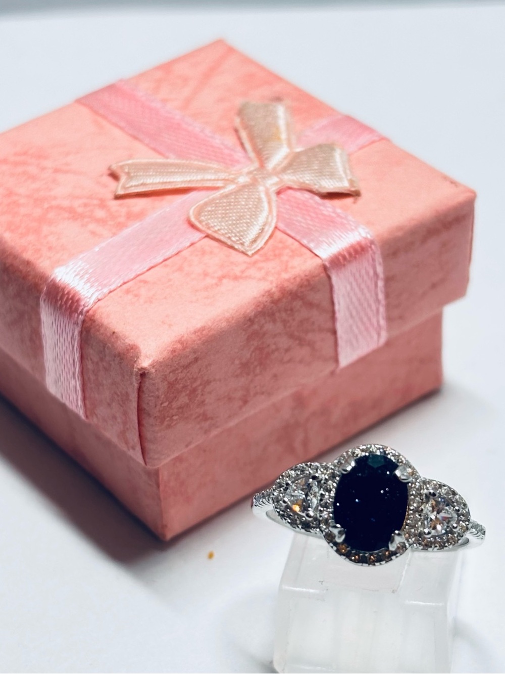 925 Sterling Silver Three Stone Oval Dark Blue Sapphire Halo Ring